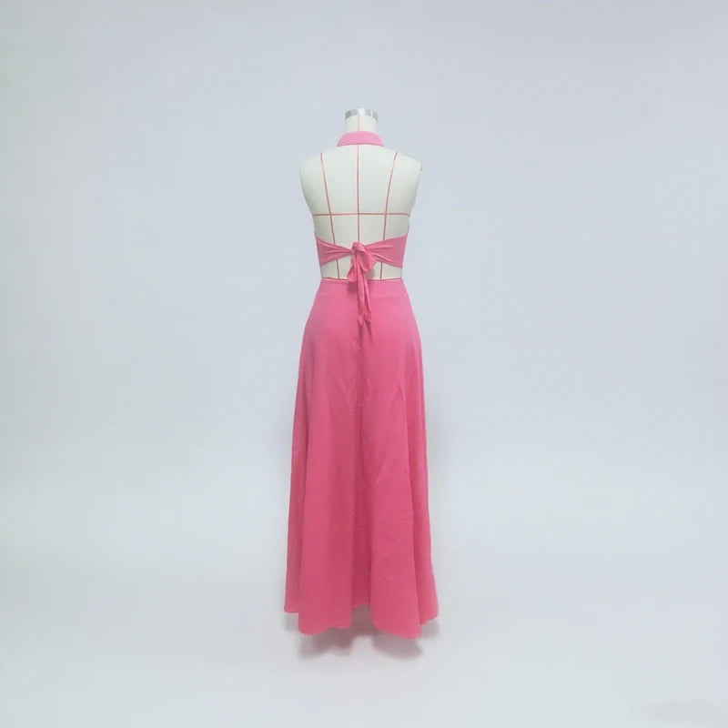 Noverlla™ Women's Halter Crop Top & Maxi Skirt Set – Elegant Two-Piece Outfit