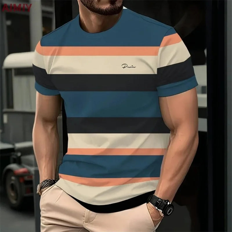 Men's Striped Print T-Shirt – Casual Short Sleeve Crew Neck Summer Tee