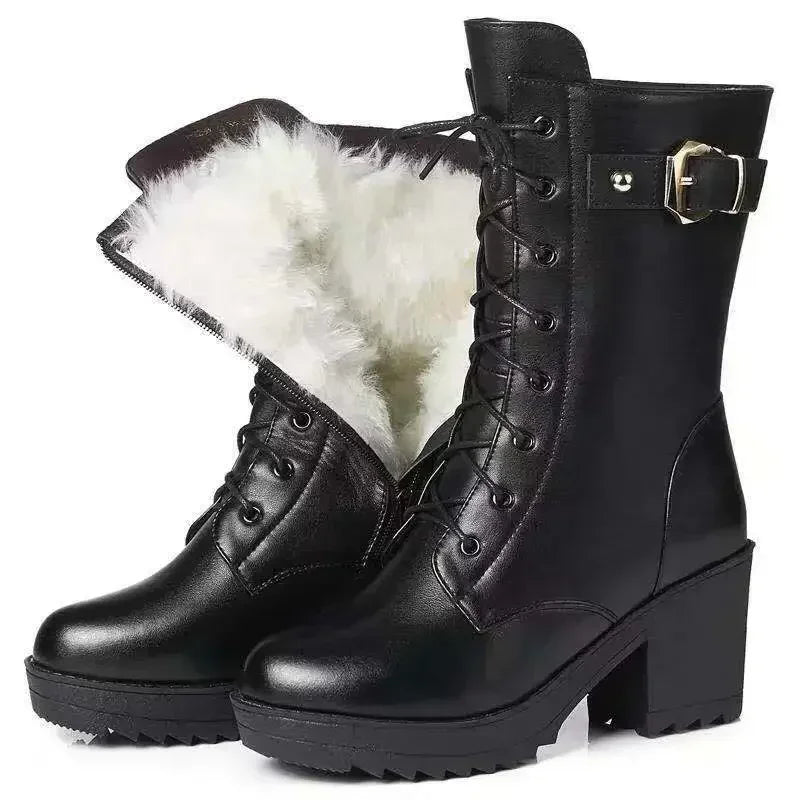 **Noverlla™ Premium Genuine Leather Women's Winter Snow Boots – Warm Wool Lined High-Heel Cold Weather Boots**