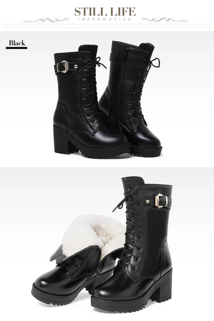 **Noverlla™ Premium Genuine Leather Women's Winter Snow Boots – Warm Wool Lined High-Heel Cold Weather Boots**