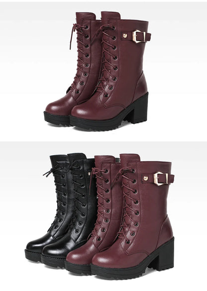 **Noverlla™ Premium Genuine Leather Women's Winter Snow Boots – Warm Wool Lined High-Heel Cold Weather Boots**