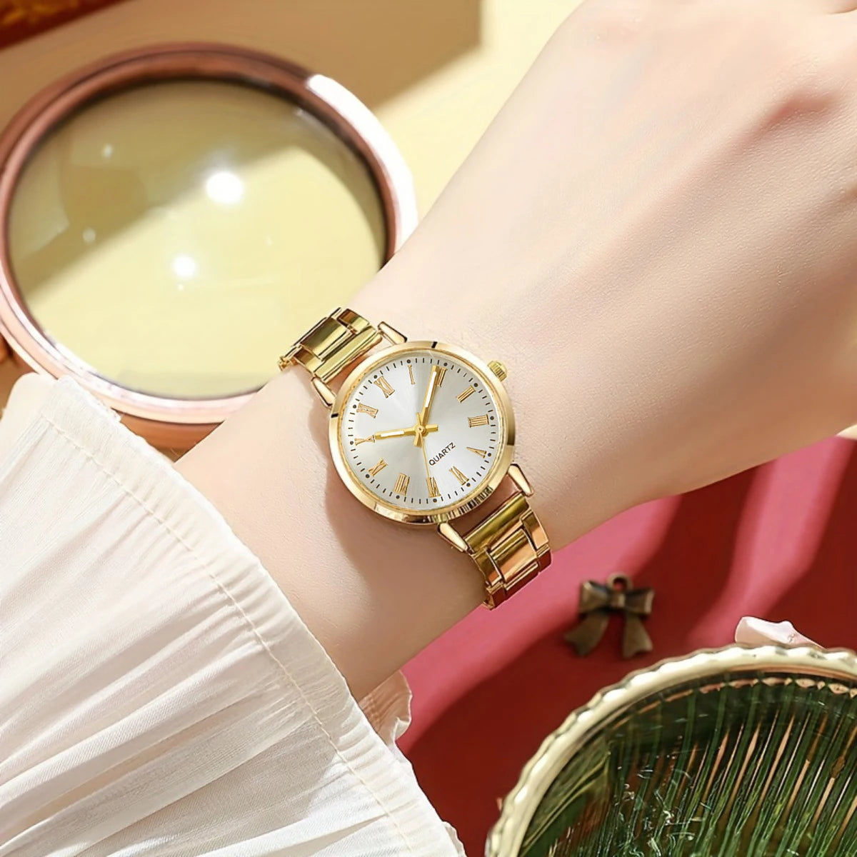 6-Piece Elegant Women's Quartz Watch & Rhinestone Jewelry Set – Fashion Wristwatch Gift Set (No Box)