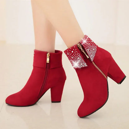 **Noverlla™ Women's Crystal Zip Ankle Boots – Chunky High Heel Fashion Boots for Office, Party & Winter**