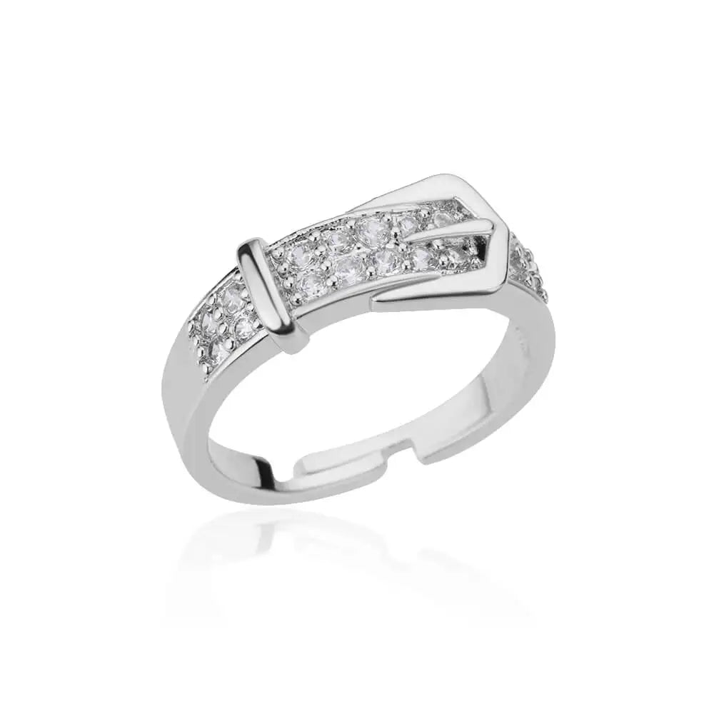 Luxury Stainless Steel Adjustable Belt Ring with Zircon – Women Geometric Jewelry