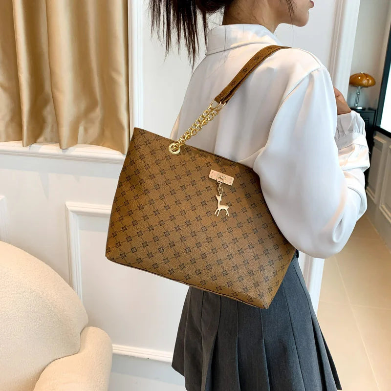 Elegant Soft Leather Tote Bag for Women – Large Shoulder Bag with Charm