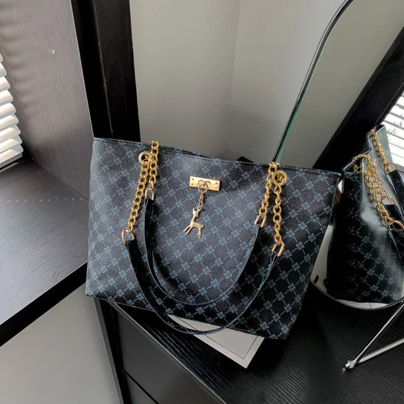 Elegant Soft Leather Tote Bag for Women – Large Shoulder Bag with Charm