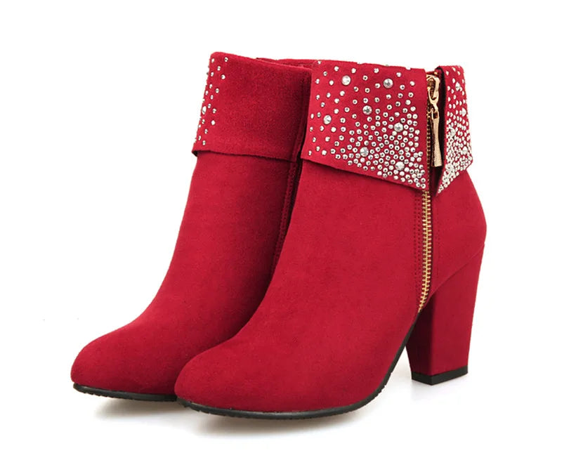 **Noverlla™ Women's Crystal Zip Ankle Boots – Chunky High Heel Fashion Boots for Office, Party & Winter**