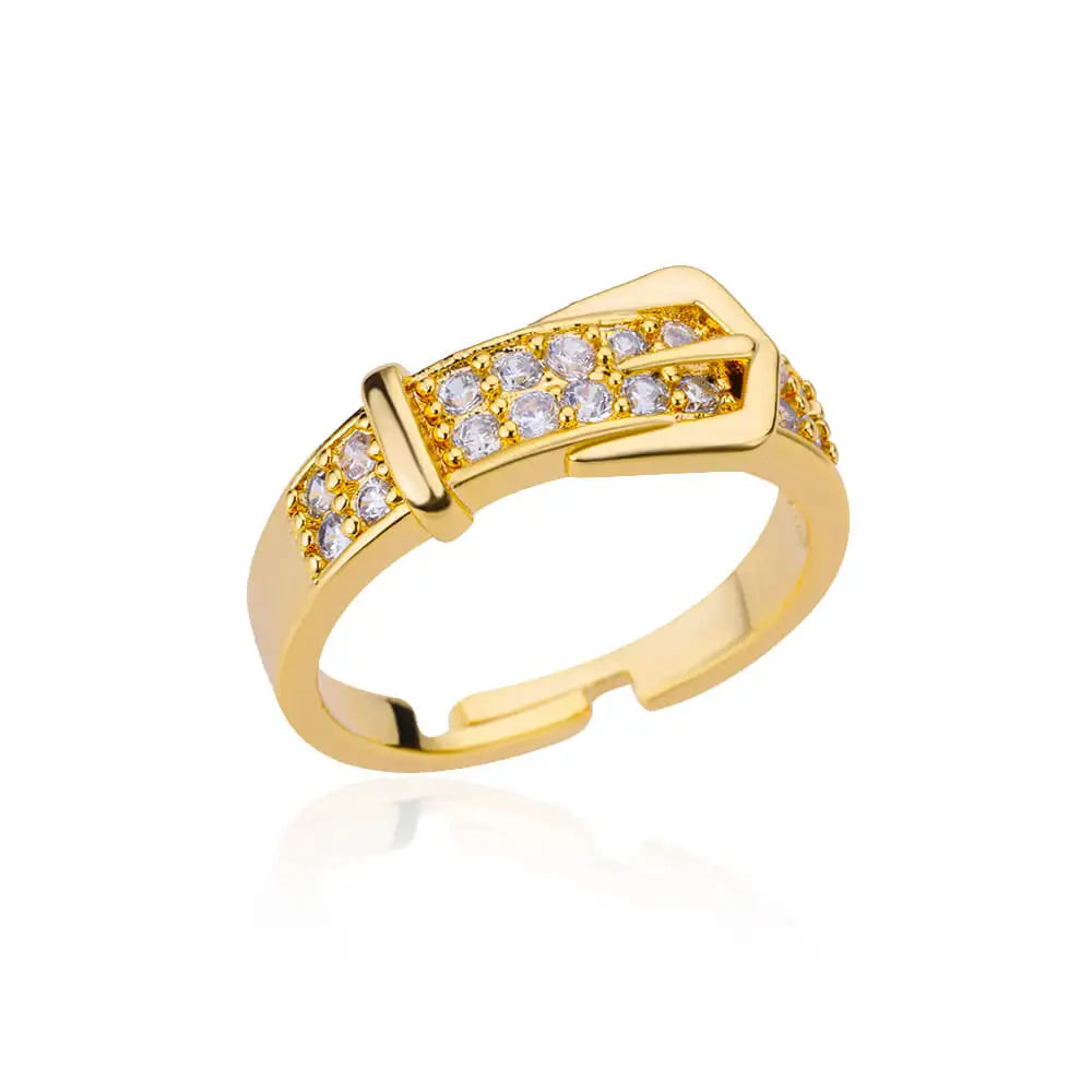 Luxury Stainless Steel Adjustable Belt Ring with Zircon – Women Geometric Jewelry