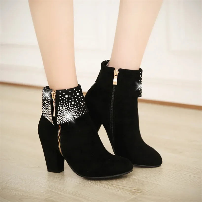 **Noverlla™ Women's Crystal Zip Ankle Boots – Chunky High Heel Fashion Boots for Office, Party & Winter**