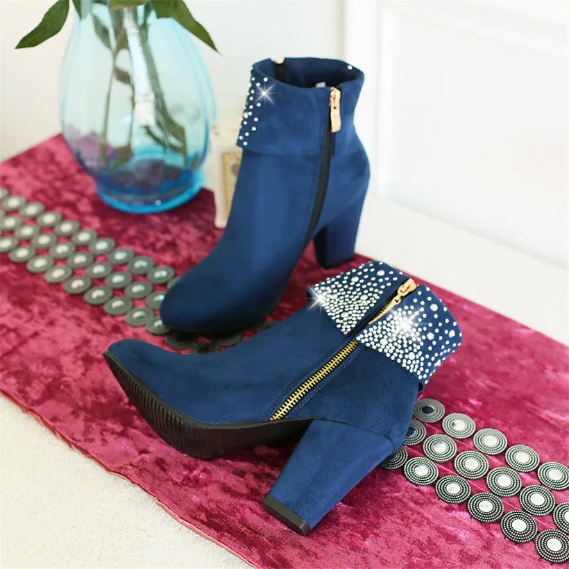 **Noverlla™ Women's Crystal Zip Ankle Boots – Chunky High Heel Fashion Boots for Office, Party & Winter**