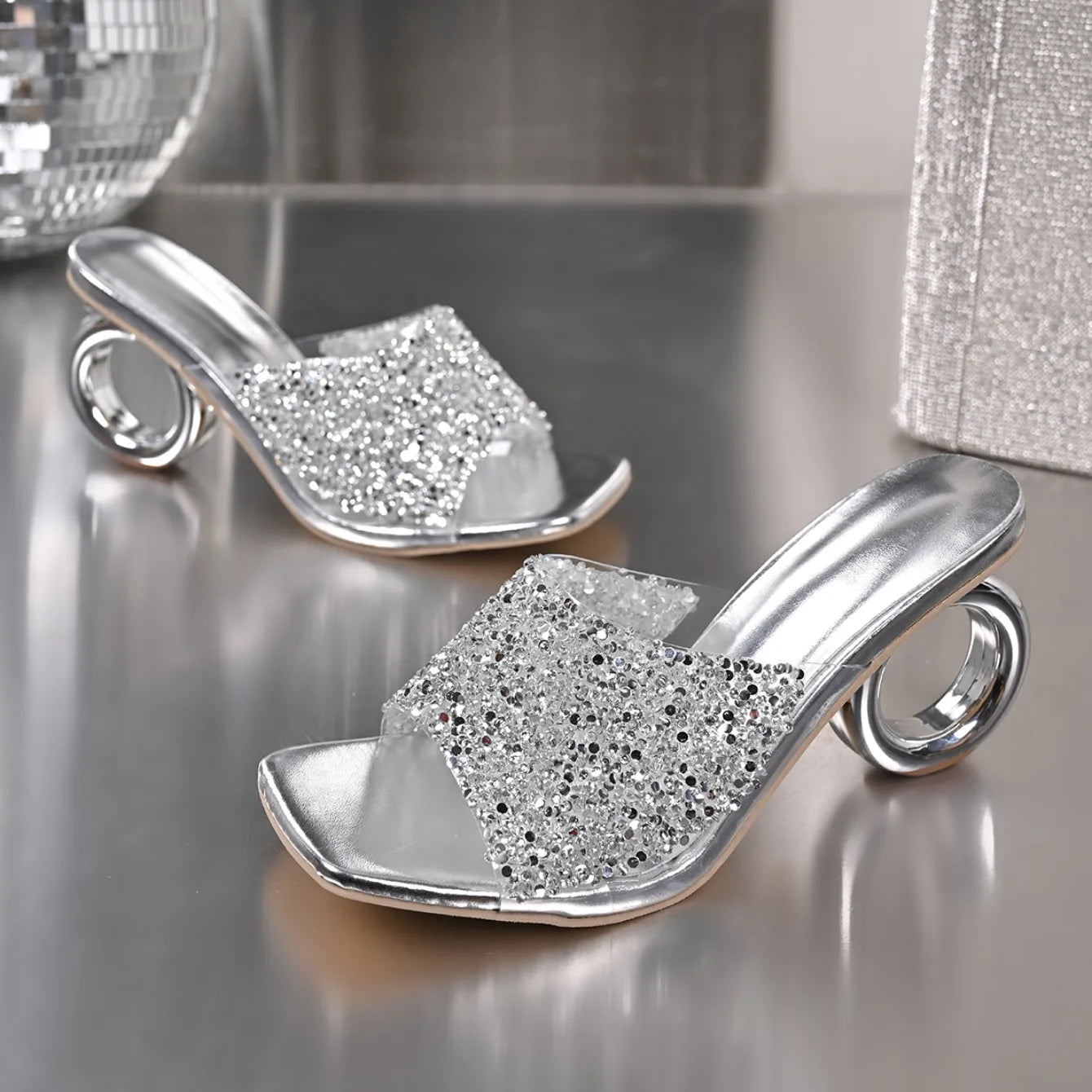 Women's Luxury Crystal High Heel Sandals – Elegant Square Toe Slip-On Party Shoes