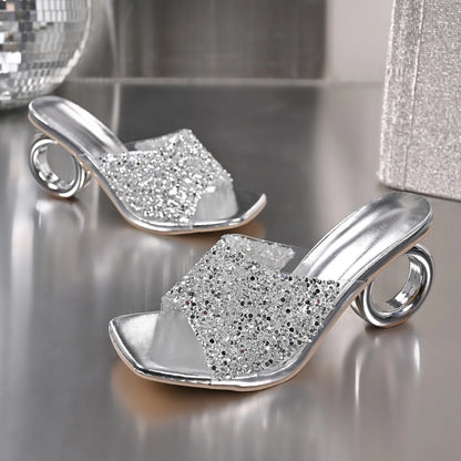 Women's Luxury Crystal High Heel Sandals – Elegant Square Toe Slip-On Party Shoes