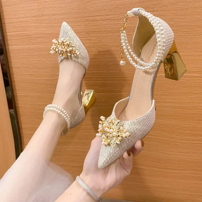 Elegant Women's Pointed Toe High Heel Pumps – Metal Beaded Dress Shoes for Weddings & Parties