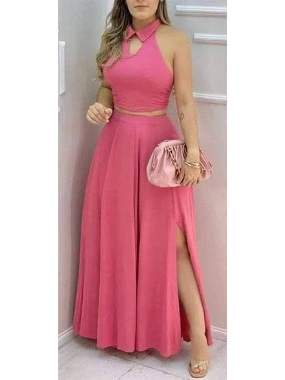 Noverlla™ Women's Halter Crop Top & Maxi Skirt Set – Elegant Two-Piece Outfit