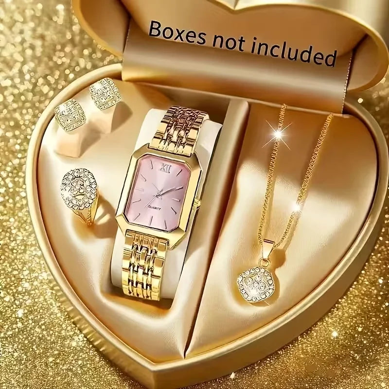 Noverlla™ Elegant Women's Rhinestone Watch & Jewelry Set | 5-Piece Quartz Gift Collection