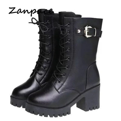 **Noverlla™ Premium Genuine Leather Women's Winter Snow Boots – Warm Wool Lined High-Heel Cold Weather Boots**