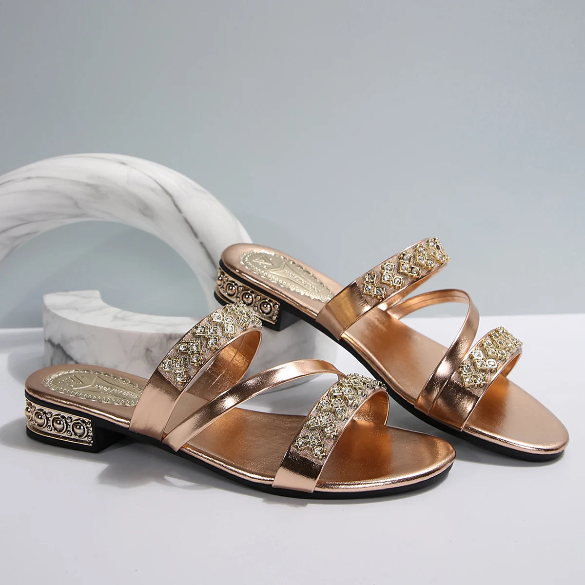 Noverlla™ Women's Rhinestone Slide Sandals – Elegant Open-Toe Block Heel Slippers