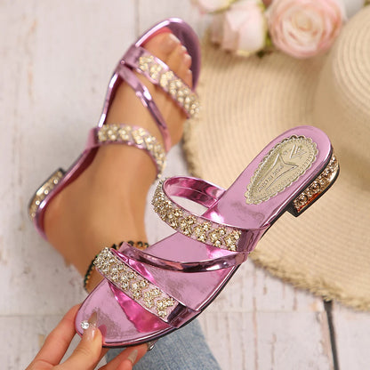 Noverlla™ Women's Rhinestone Slide Sandals – Elegant Open-Toe Block Heel Slippers
