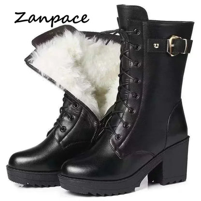**Noverlla™ Premium Genuine Leather Women's Winter Snow Boots – Warm Wool Lined High-Heel Cold Weather Boots**