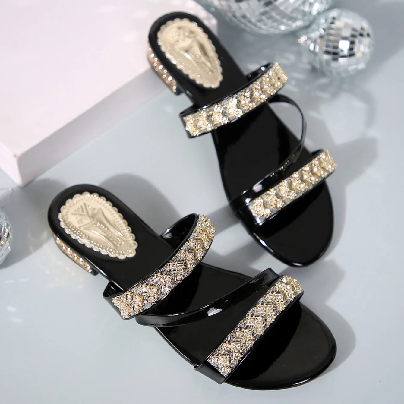 Noverlla™ Women's Rhinestone Slide Sandals – Elegant Open-Toe Block Heel Slippers