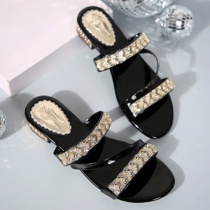 Noverlla™ Women's Rhinestone Slide Sandals – Elegant Open-Toe Block Heel Slippers