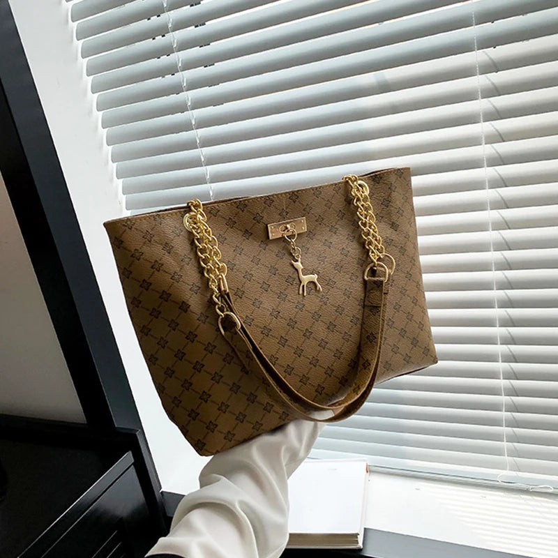 Elegant Soft Leather Tote Bag for Women – Large Shoulder Bag with Charm