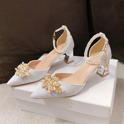 Elegant Women's Pointed Toe High Heel Pumps – Metal Beaded Dress Shoes for Weddings & Parties
