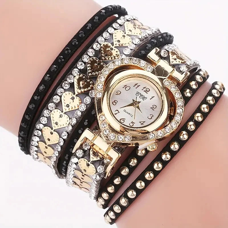 Elegant Rhinestone Heart Watch for Women – Velvet Strap Fashion Wristwatch
