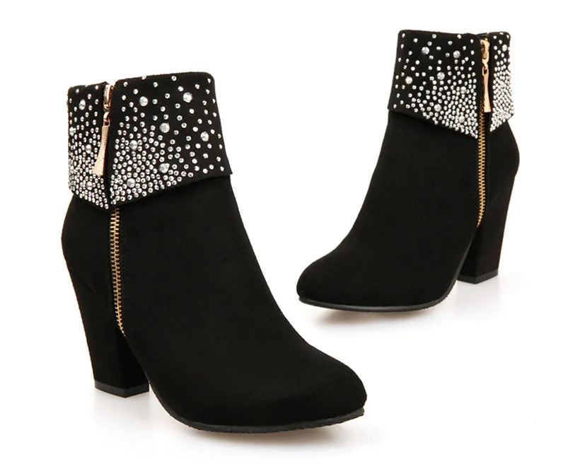 **Noverlla™ Women's Crystal Zip Ankle Boots – Chunky High Heel Fashion Boots for Office, Party & Winter**