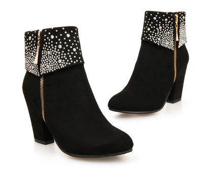 **Noverlla™ Women's Crystal Zip Ankle Boots – Chunky High Heel Fashion Boots for Office, Party & Winter**