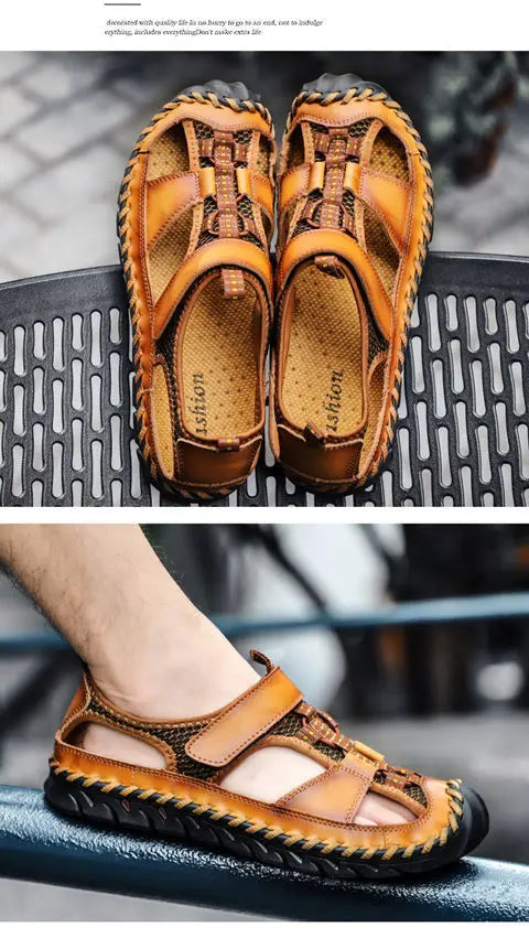 **Noverlla™ Premium Genuine Leather Men's Roman Sandals – Comfortable Summer Casual & Beach Shoes**