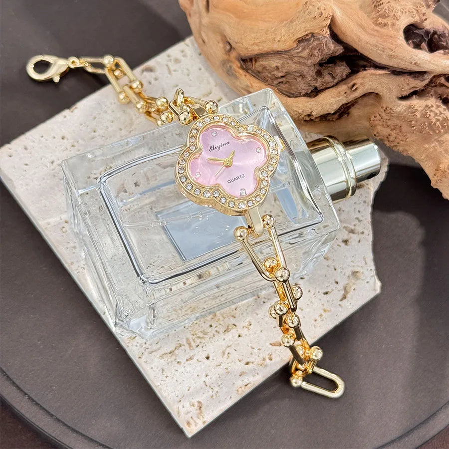 Four-Leaf Clover Gold Chain Watch for Women – Elegant Jewelry Watch