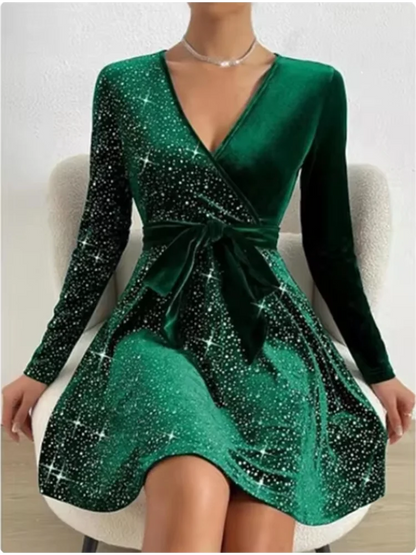 Women's Elegant Sequin V-Neck Maxi Dress – Long Sleeve Evening Party Gown