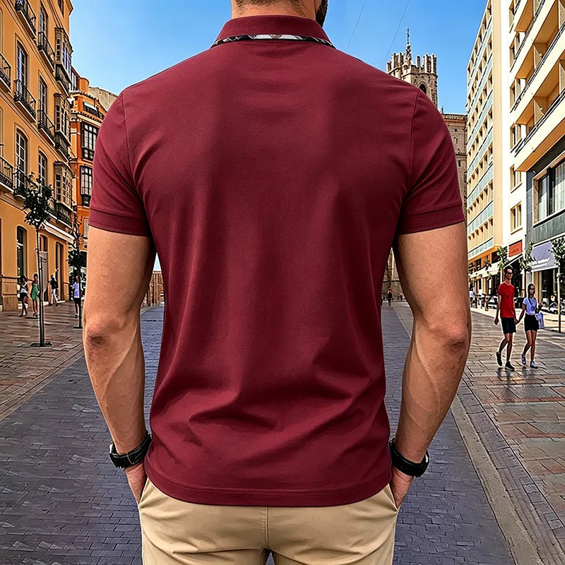 Noverlla™ Men's Slim Fit Polo Shirt – Short Sleeve Business Casual Top with Plaid Collar Detail