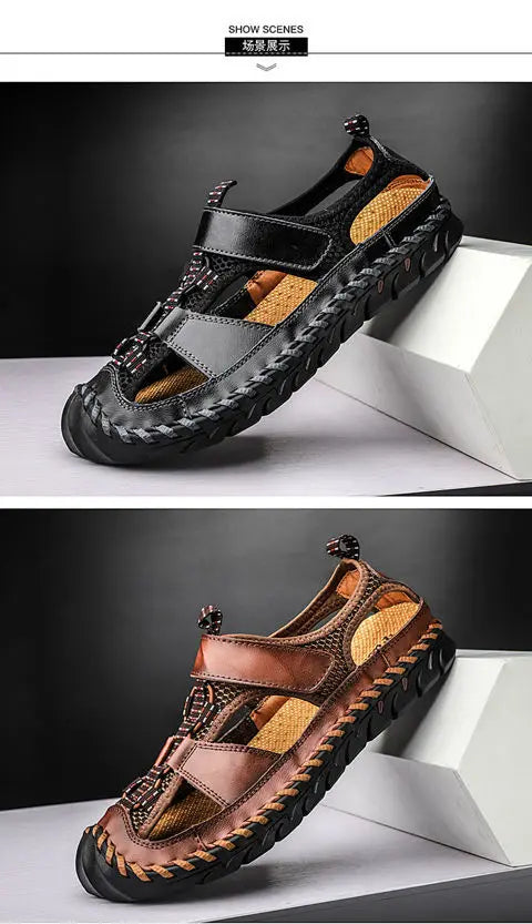 **Noverlla™ Premium Genuine Leather Men's Roman Sandals – Comfortable Summer Casual & Beach Shoes**