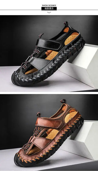 **Noverlla™ Premium Genuine Leather Men's Roman Sandals – Comfortable Summer Casual & Beach Shoes**