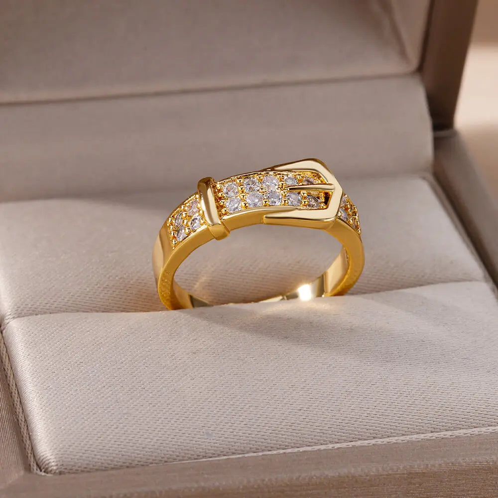 Luxury Stainless Steel Adjustable Belt Ring with Zircon – Women Geometric Jewelry