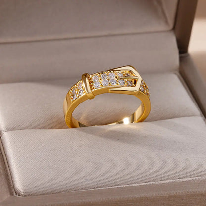 Luxury Stainless Steel Adjustable Belt Ring with Zircon – Women Geometric Jewelry