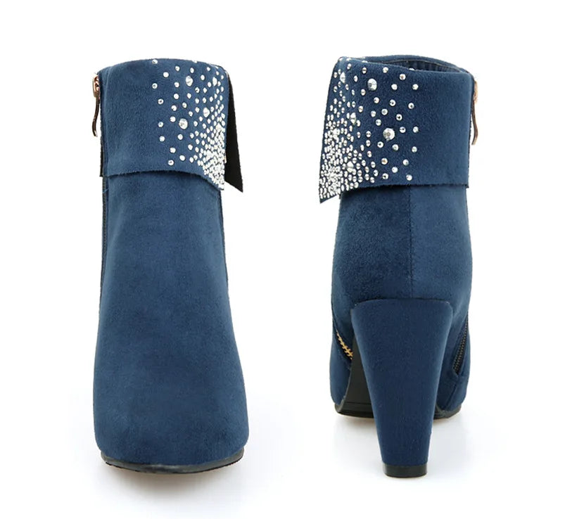 **Noverlla™ Women's Crystal Zip Ankle Boots – Chunky High Heel Fashion Boots for Office, Party & Winter**