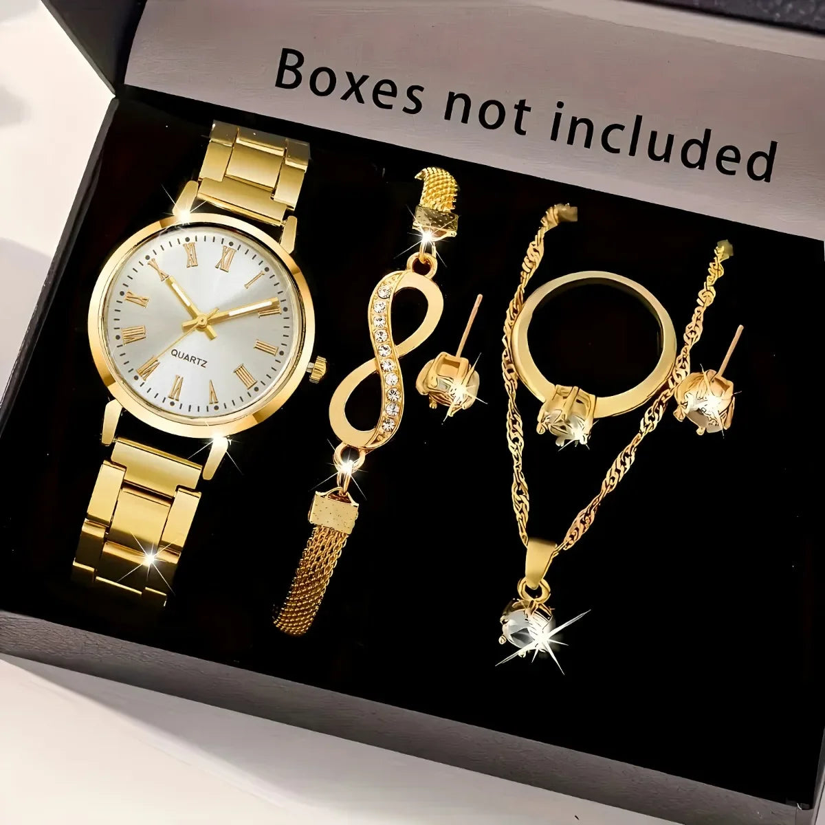 6-Piece Elegant Women's Quartz Watch & Rhinestone Jewelry Set – Fashion Wristwatch Gift Set (No Box)