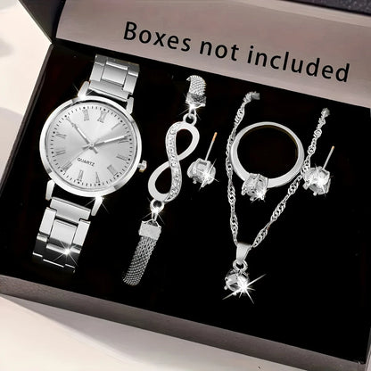 6-Piece Elegant Women's Quartz Watch & Rhinestone Jewelry Set – Fashion Wristwatch Gift Set (No Box)