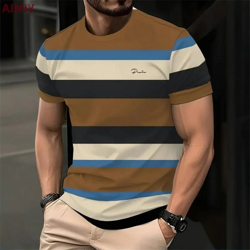Men's Striped Print T-Shirt – Casual Short Sleeve Crew Neck Summer Tee