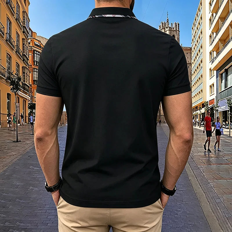 Noverlla™ Men's Slim Fit Polo Shirt – Short Sleeve Business Casual Top with Plaid Collar Detail