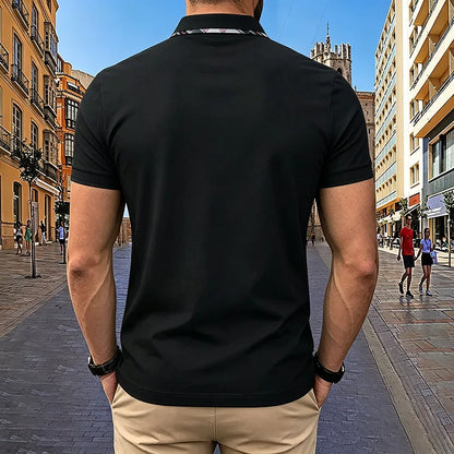 Noverlla™ Men's Slim Fit Polo Shirt – Short Sleeve Business Casual Top with Plaid Collar Detail