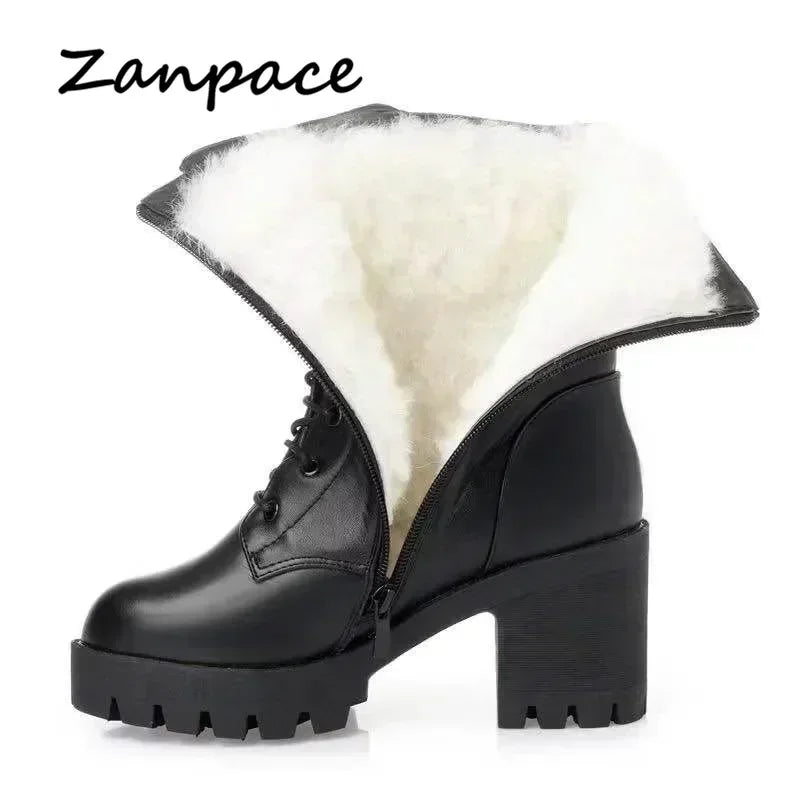 **Noverlla™ Premium Genuine Leather Women's Winter Snow Boots – Warm Wool Lined High-Heel Cold Weather Boots**
