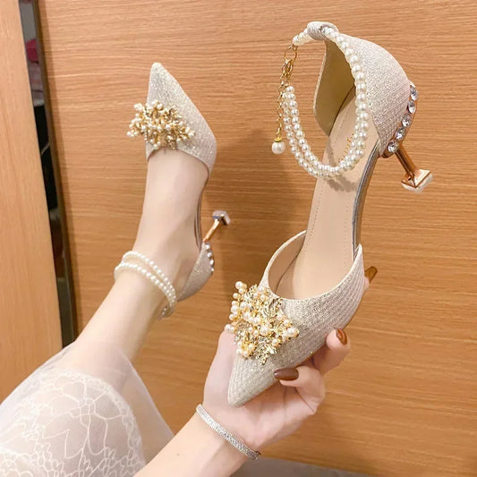 Elegant Women's Pointed Toe High Heel Pumps – Metal Beaded Dress Shoes for Weddings & Parties
