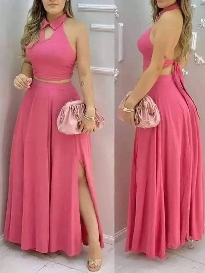 Noverlla™ Women's Halter Crop Top & Maxi Skirt Set – Elegant Two-Piece Outfit