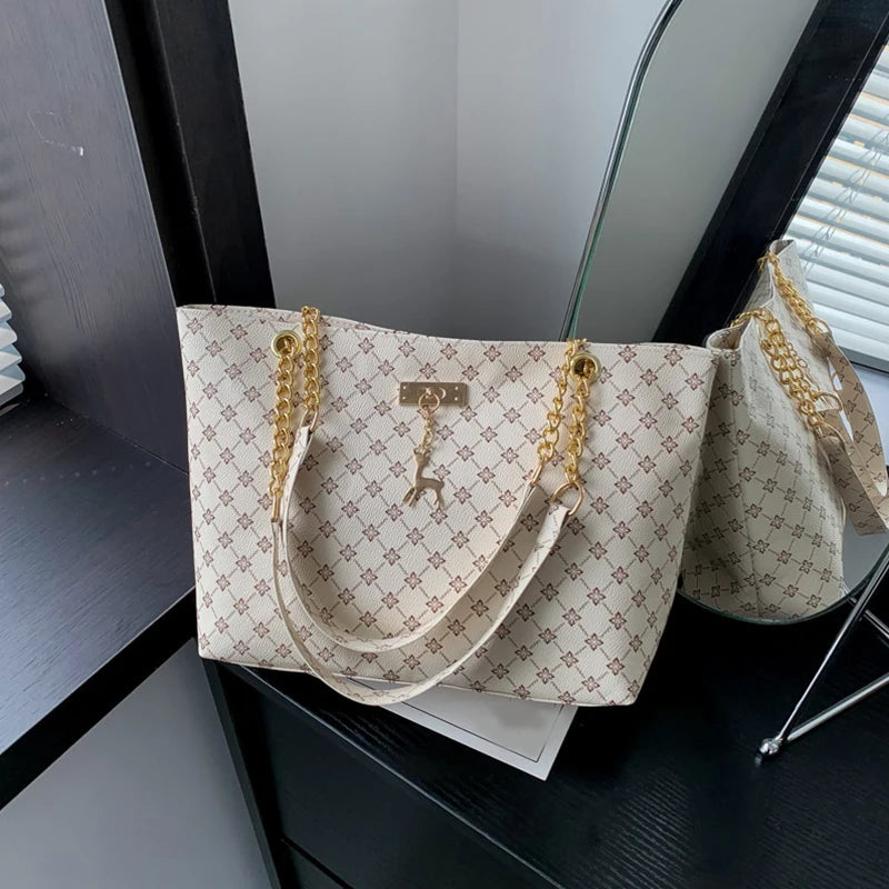 Elegant Soft Leather Tote Bag for Women – Large Shoulder Bag with Charm