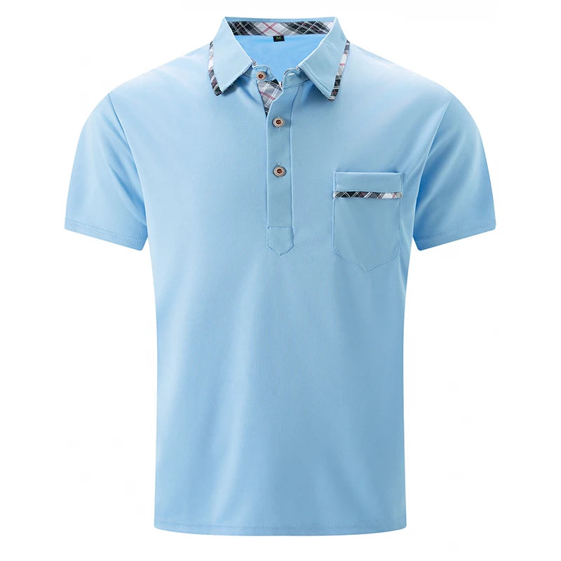 Noverlla™ Men's Slim Fit Polo Shirt – Short Sleeve Business Casual Top with Plaid Collar Detail