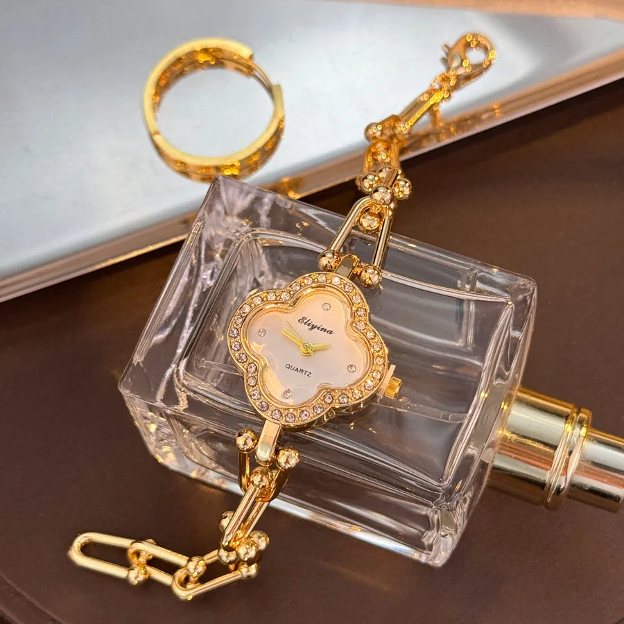 Four-Leaf Clover Gold Chain Watch for Women – Elegant Jewelry Watch